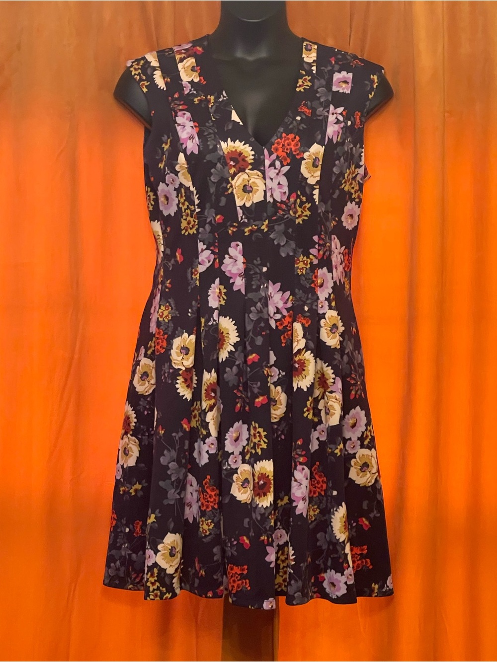 Danny & Nicole Black Floral V-Neck Fit-and-Flare Dress